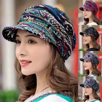 Женская шляпа с короткими полями, теплая складная ушанка, женская кепка в этническом стиле с цветочным принтом, осенне-зимняя шапка, повседневная одежда, Тюрбан с козырьком