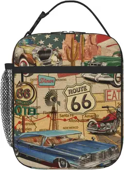 Американская винтажная изолированная сумка для ланча Route 66 для мужчин и женщин, многоразовый термосумка для ланча Bento Tote с регулируемым плечевым ремнем