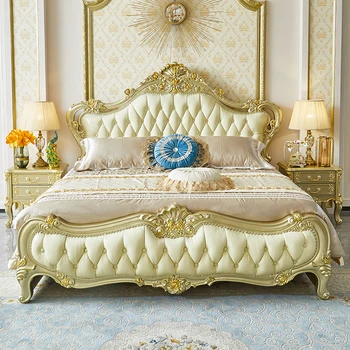 Кровать в европейском стиле, полностью из массива дерева, 1,8-метровая кожаная двуспальная кровать, главная спальня с французской резьбой, 2-метровая двуспальная кровать