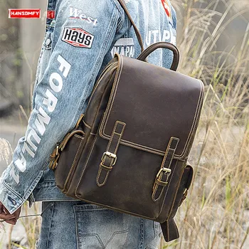Повседневный кожаный мужской рюкзак, сумка для ноутбука, мужские дорожные рюкзаки, ретро кожаный школьный ранец Crazy Horse