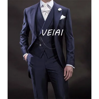 Приталенные официальные мужские костюмы с двубортным жилетом, темно-синий мужской модный пиджак, брюки, свадебный смокинг из 3 предметов для жениха