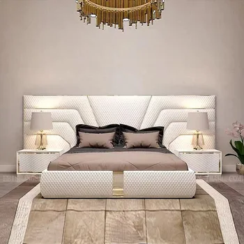 Кожаная кровать Двуспальная кровать в главной спальне, простая кровать Bentley, дизайнерская итальянская постмодернистская легкая роскошная свадебная кровать высокого класса