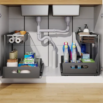 Под раковиной Двухъярусный выдвижной шкаф, корзина-органайзер, выдвижной шкаф, Многоцелевой органайзер для раковины для ванной кухни
