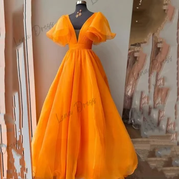 Lena -Длинное платье для свадебной вечеринки, Женское элегантное роскошное бальное платье подружки невесты с V-образным вырезом 2024, роскошное платье из оранжевой органзы