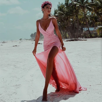 Женские вечерние платья Pink Mermaid с длинным Vобразным вырезом и бретельками-спагетти, сексуальные вечерние платья, длинное вечернее платье без рукавов с высоким разрезом сбоку