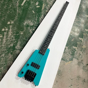 Левая синяя 4-струнная электрическая бас-гитара без головы с настраиваемым грифом из розового дерева