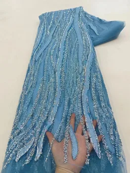 Синяя кружевная ткань с блестящим бисером, белая тюлевая сетка с пайетками, африканские бусины, ткань для свадебного платья, материал для шитья, французская ткань