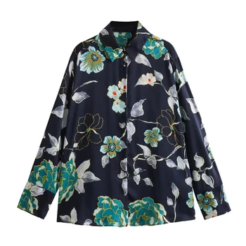 TRAF Элегантная женская рубашка с цветочным принтом 2023, винтажные рубашки с лацканами и длинным рукавом, осенняя мода, офисный женский топ на пуговицах, женская одежда