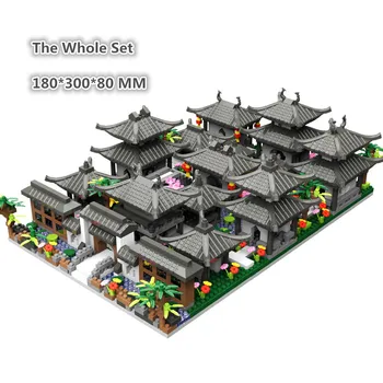 Вся модель, китайский традиционный сад во дворе Сучжоу, Храм, озеро, дерево, архитектура, строительный блок, Алмазный кирпич, Наборы для внутреннего двора