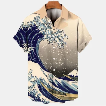 Мужские Ретро-рубашки Ocean Wave с 3D Принтом В Гавайском Стиле, Повседневные Модные Летние Мужские Рубашки, Большие Размеры, Короткие Рукава, Свободные Топы С Лацканами
