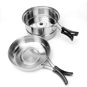 1 Комплект 3шт посуды для пикника на открытом воздухе из нержавеющей стали, набор кастрюль для пикника, набор инструментов для приготовления пищи на 2-3 персоны (серебристый)