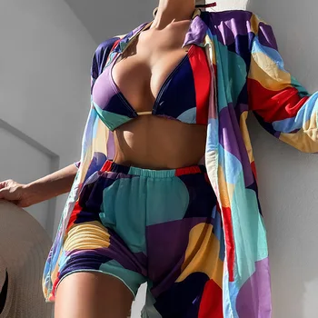 Новый тренд 2023 года, Бразильский женский пляжный купальный костюм, купальник, сексуальный красочный купальник на бретельках с шортами, купальники, комплект бикини из 4 предметов