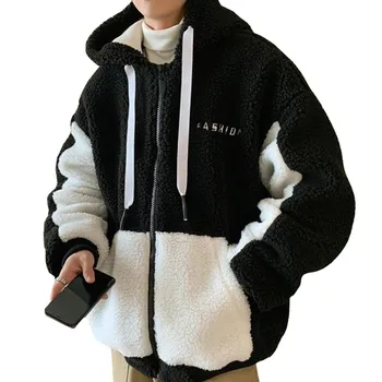 Вышивка буквами, модный цвет в стиле пэчворк, Зимняя толстовка с капюшоном, мужская куртка из овечьей шерсти, Повседневное Свободное пальто на молнии, Мужское пальто