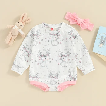 Боди с пасхальным кроликом для маленьких девочек, комбинезон с цветочным рисунком в стиле бохо, комбинезон с пузырчатым рисунком и длинными рукавами для малышей